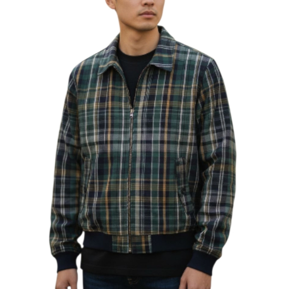 Piombo Mens Medium Weight Jacket Large Green Plaid Full Zip Bomber Preppy Coat